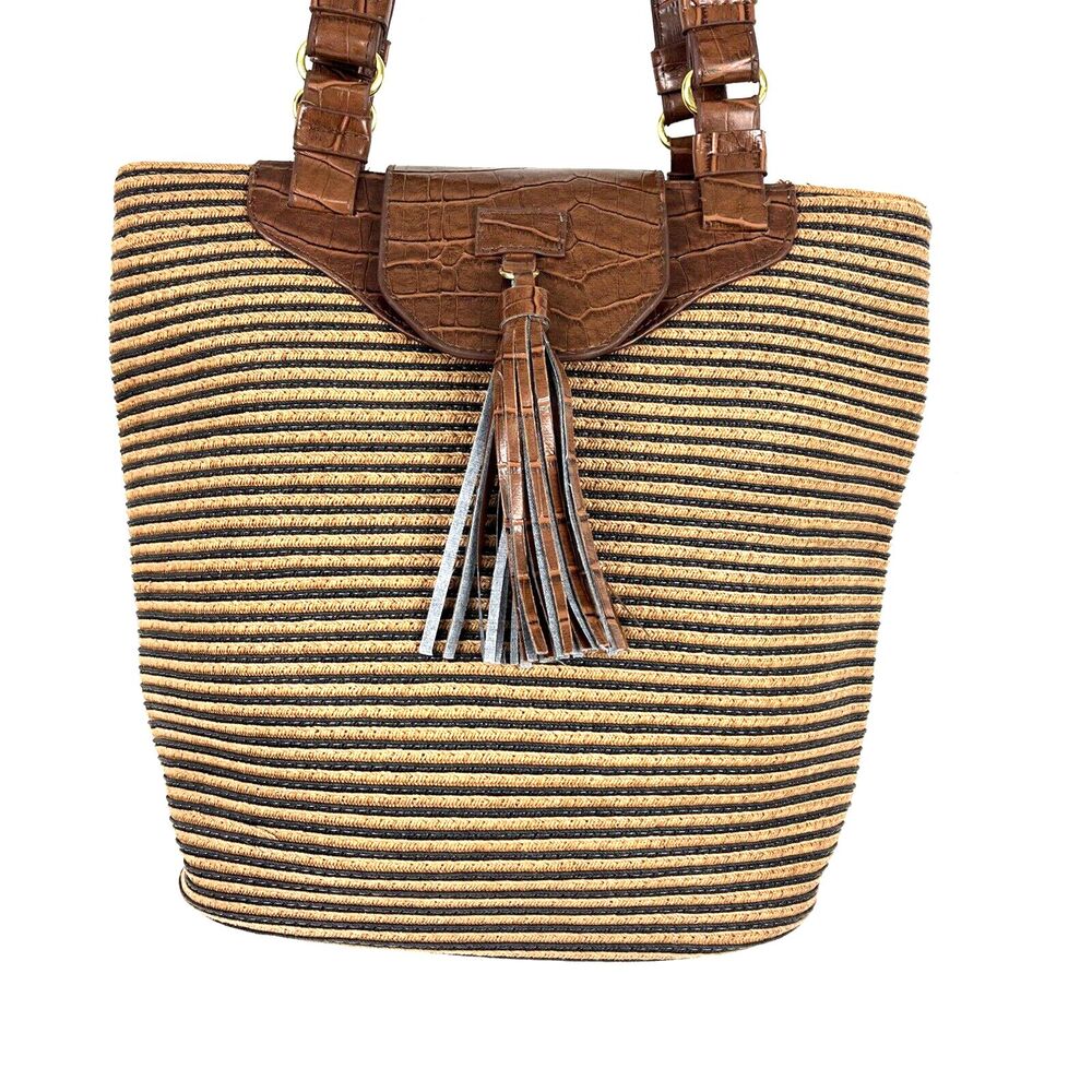 Shoulder Handbag Hobo Brown Textured woven Faux Leather Tassel Boho Chic